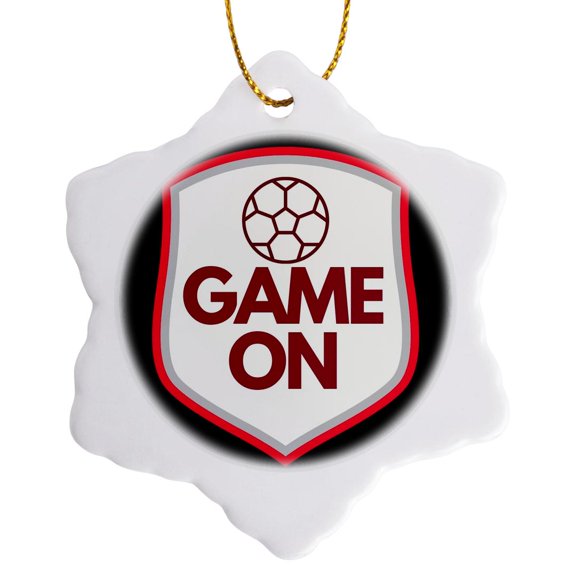 3drose, Image of a Soccer Ball with Text of Game On, 3 inch Snowflake Porcelain Ornament