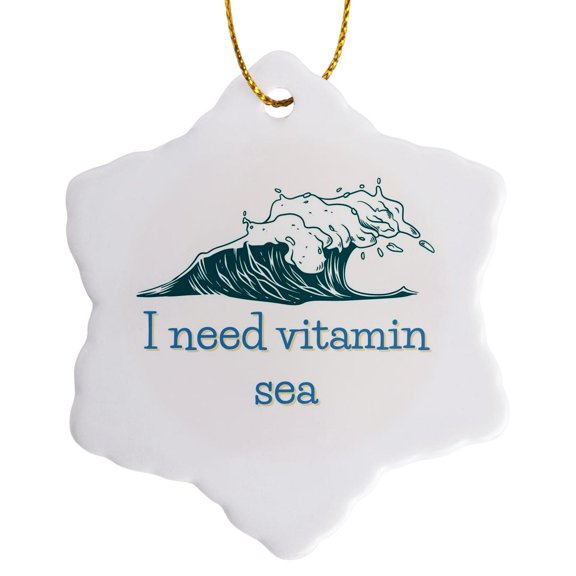 3drose, Image of a Waves with Text I Need Vitamin Sea, 3 inch Snowflake Porcelain Ornament