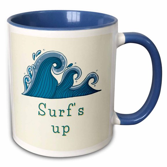 3drose, Image of a Waves with Text of Surfs Up, 11oz Two-tone Blue Mug