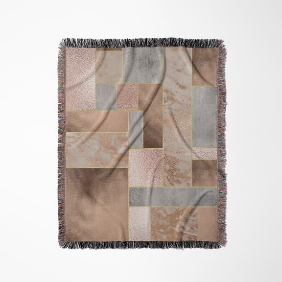 Image Of Abstract Geometrical Copper Marble Rose Gold Square Pattern, Woven Blanket