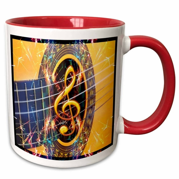 3drose, Image of Acoustic Guitar with Clef and Fireworks, 11oz Two-tone Red Mug