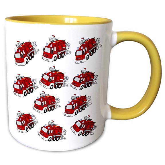 3drose, Image of Adorable Cartoon Fire Engine Repeat Pattern, 11oz Two-tone Yellow Mug