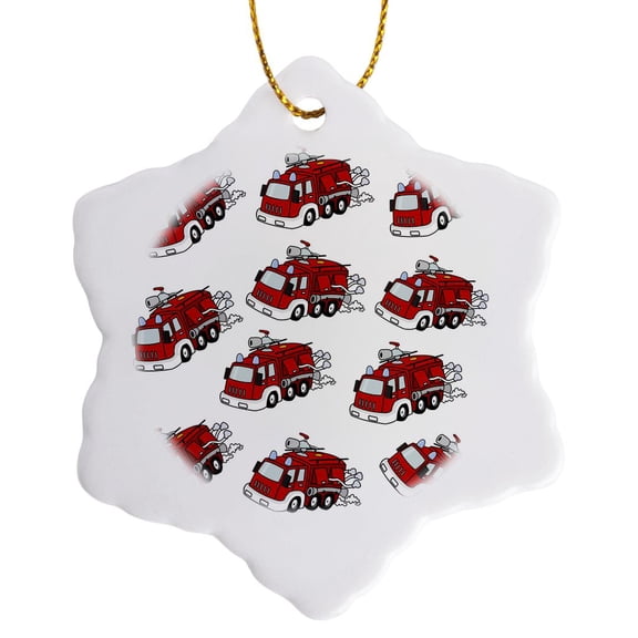 3drose, Image of Adorable Cartoon Fire Engine Repeat Pattern, 3 inch Snowflake Porcelain Ornament