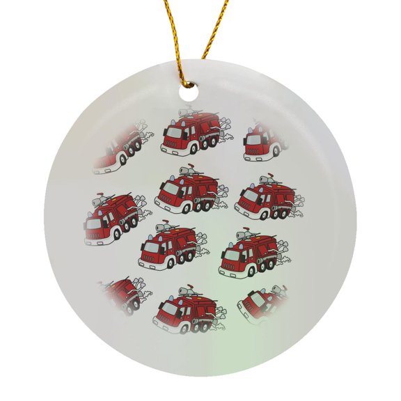 3drose, Image of Adorable Cartoon Fire Engine Repeat Pattern, Circle Porcelain Ornament