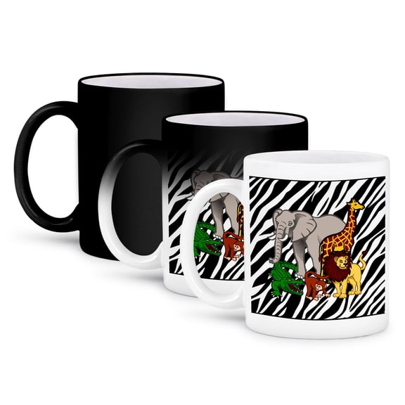 3dRose, Image of Adorable Cartoon Jungle Animals On Zebra Background, 11oz Magic Transforming Mug
