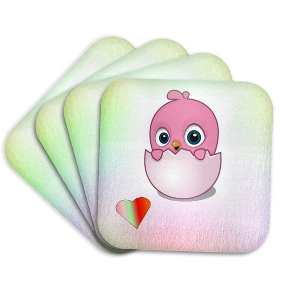 3drose, Image of Adorable Pink Baby Chick on Gradient Background and Heart, Set of 4 Coasters - Soft