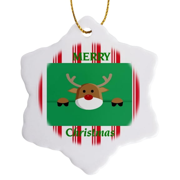 3drose, Image of Adorable Reindeer Face and Feet on Red Candy Stripes, 3 inch Snowflake Porcelain Ornament