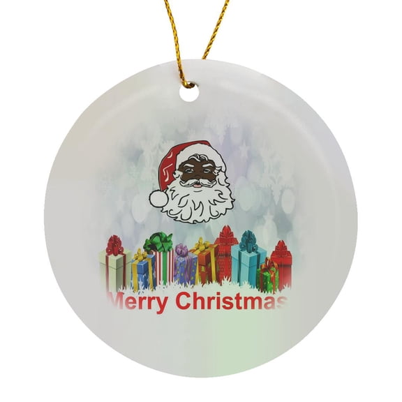 3drose, Image of African American Santa Looks over Gifts Says Merry Christmas, Circle Porcelain Ornament