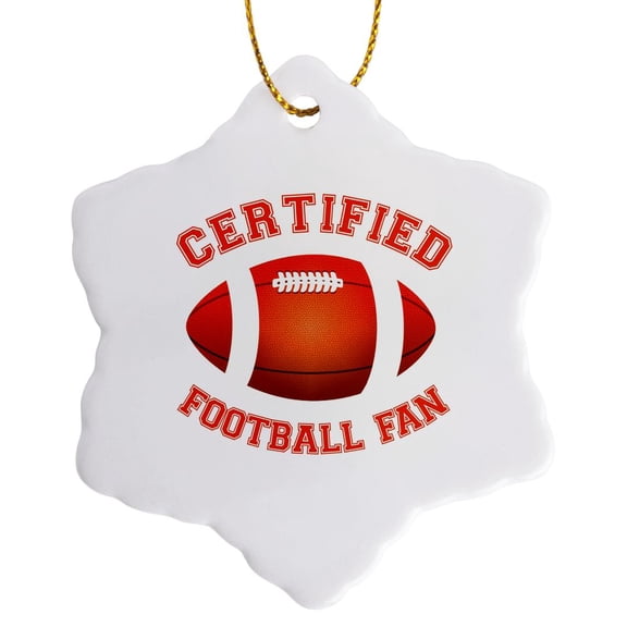 3drose, Image of an American Football Ball. Certified Football Fan Text, 3 inch Snowflake Porcelain Ornament