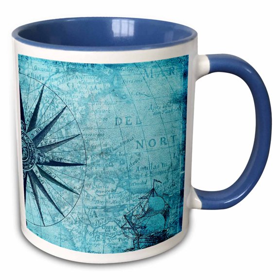 3drose, Image of Ancient Nautical Map of Antilles in Aqua with Schooner, 11oz Two-tone Blue Mug