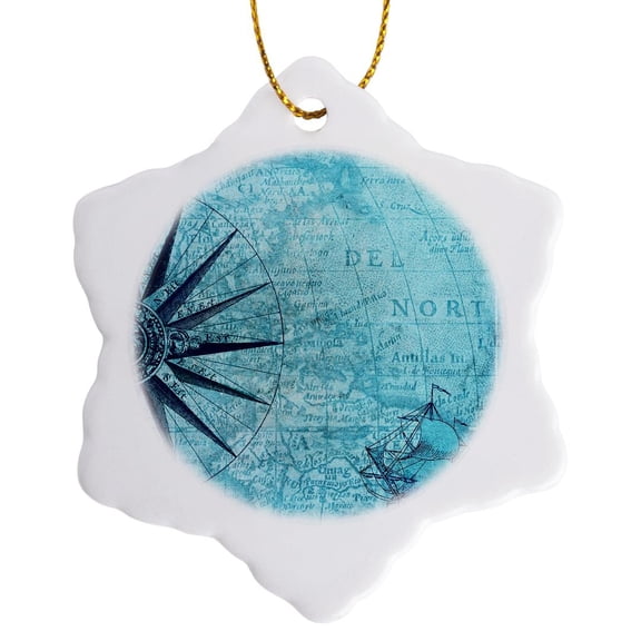 3drose, Image of Ancient Nautical Map of Antilles in Aqua with Schooner, 3 inch Snowflake Porcelain Ornament