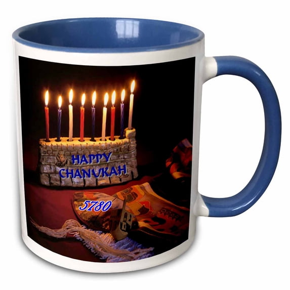 3drose, Image of Ancient Stone Menorah with Prayer Cap Happy Chanukah, 15oz Two-tone Blue Mug