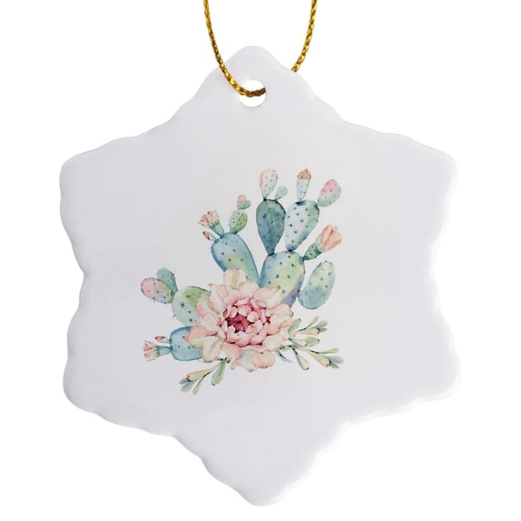 3drose, Image of Aqua and Peach Cactus with Flower, 3 inch Snowflake Porcelain Ornament