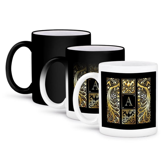 3drose, Image of Art Nouveau Peacocks- Monogram Letter A- Not Foil Embossed, 11oz Magic Transforming Mug