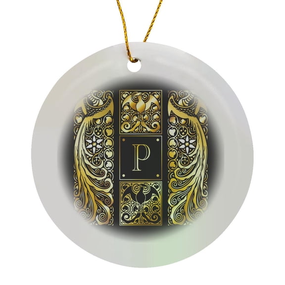 3drose, Image of Art Nouveau Peacocks- Monogram Letter P- Not Foil Embossed, Circle Porcelain Ornament