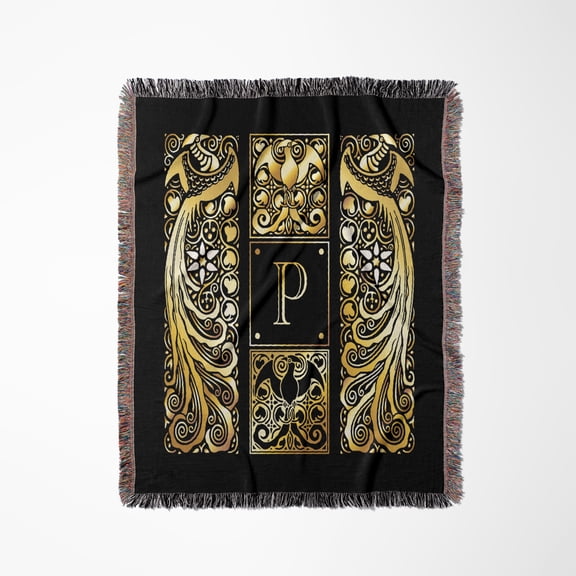 Image Of Art Nouveau Peacocks- Monogram Letter P- Not Foil Embossed, Woven Blanket
