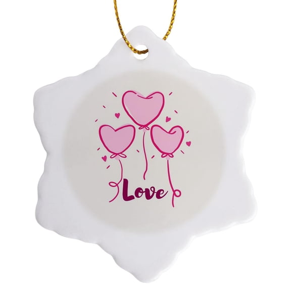 3drose, Image of Balloon Heart with Text of Love, 3 inch Snowflake Porcelain Ornament