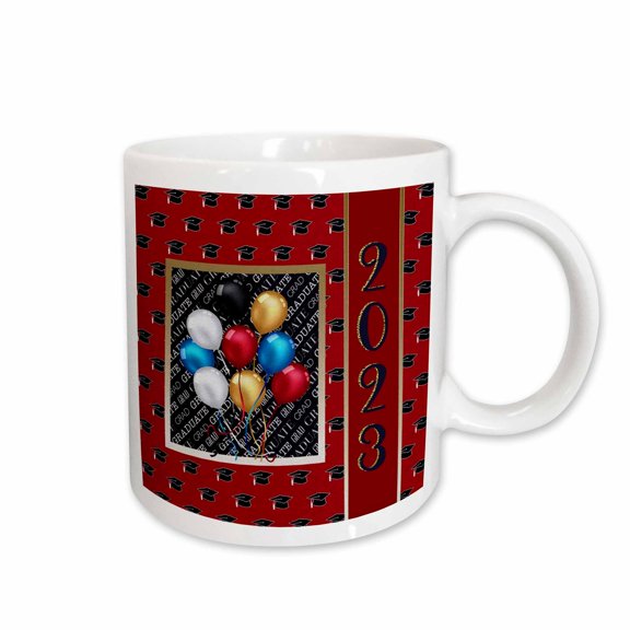 3drose, Image of Balloons, Frame, Graduate Words, 2023 Banner, Caps, Red, 15oz Mug
