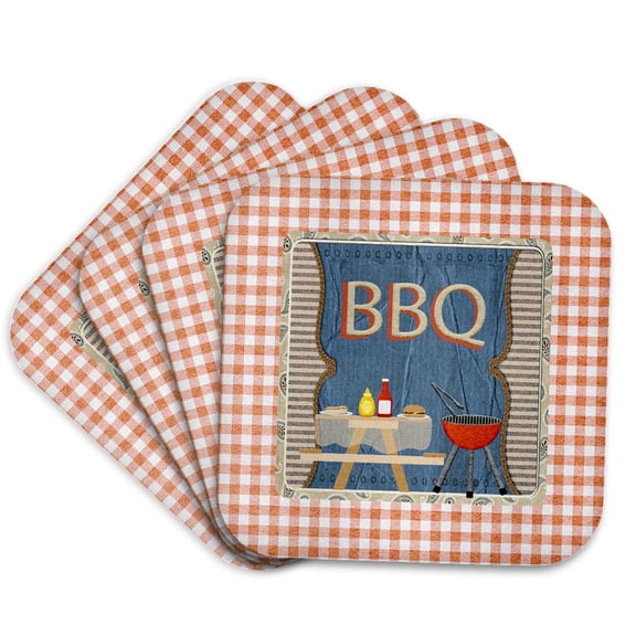 3drose, Image of Bbq Pit, Picnic Table, Hot Dog, Hamburger, Gingham, Set of 4 Coasters - Soft