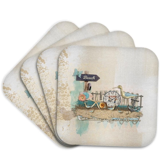 3drose, Image of Beach Sign, Bird, Anchor, Fence, Clock, and Starfish on Sand, Set of 4 Coasters - Soft