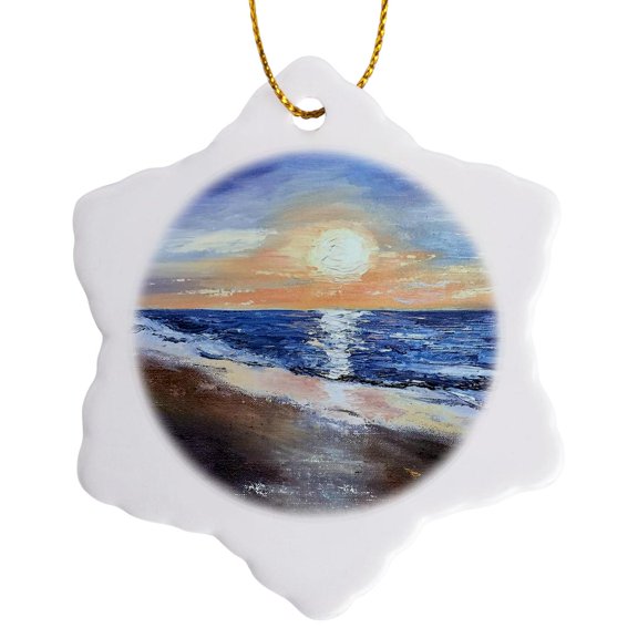3drose, Image of Beach with Sun, 3 inch Snowflake Porcelain Ornament
