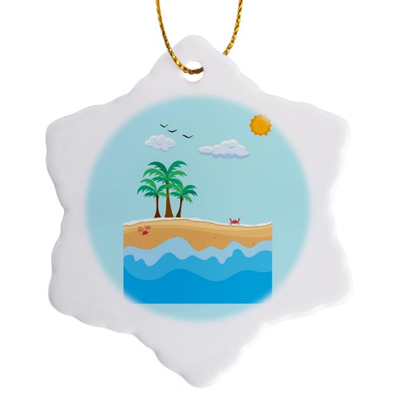 3drose, Image of Beach with Sun, Waves, Tree, Shells, Crab, Clouds, Birds, 3 inch Snowflake Porcelain Ornament