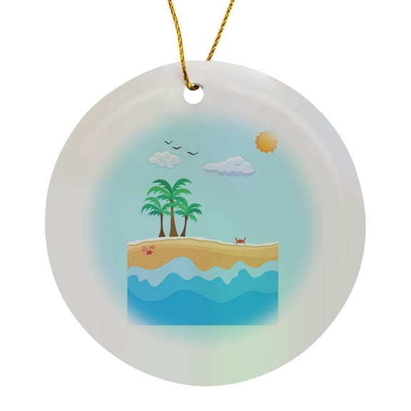 3drose, Image of Beach with Sun, Waves, Tree, Shells, Crab, Clouds, Birds, Circle Porcelain Ornament