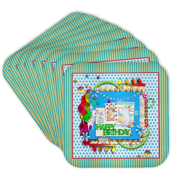 3drose, Image of Bear, Rhino, Zebra Party 5th Birthday, Cake, Stars, Colorful, Set of 8 Coasters - Soft