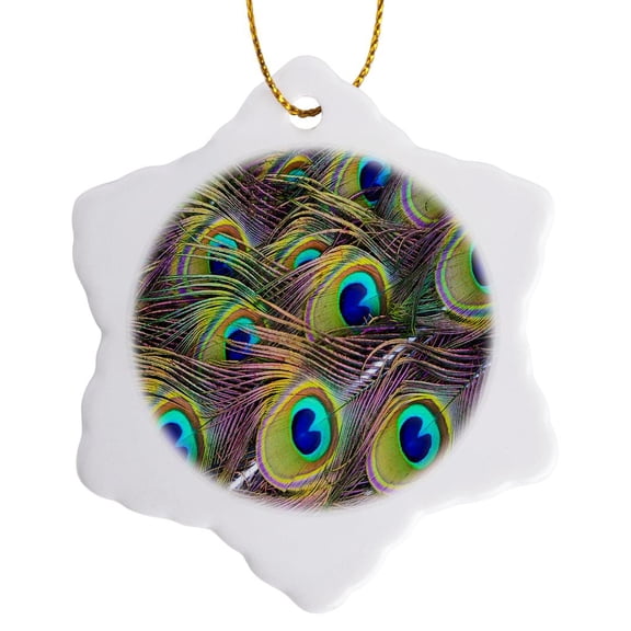 3drose, Image of Beautiful Overlapping Peacock Feathers Closeup, 3 inch Snowflake Porcelain Ornament