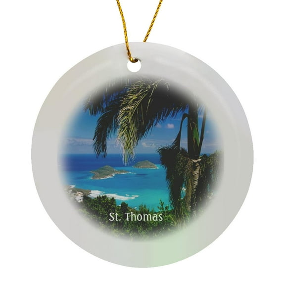 3drose, Image of Beautiful St. Thomas from Hillside Overlooking Sea, Circle Porcelain Ornament
