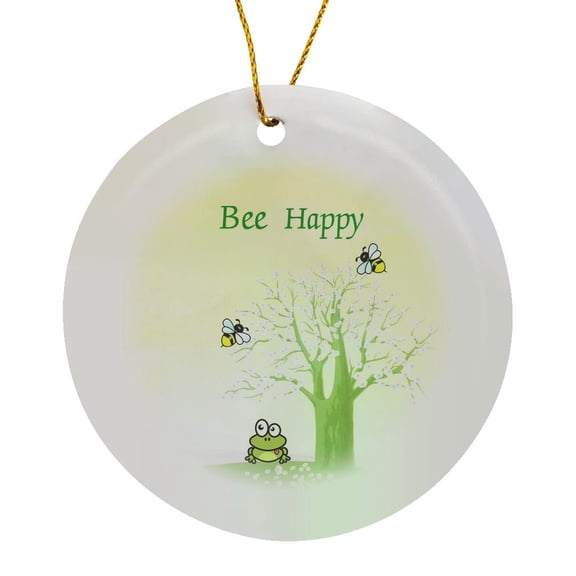 3drose, Image of Bee Happy with Cartoon Tree and Bees, Circle Porcelain Ornament