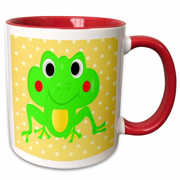 3drose, Image of Big Lime Green Frog on Yellow Dots, 11oz Two-tone Red Mug