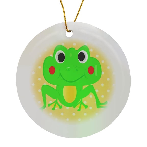 3drose, Image of Big Lime Green Frog on Yellow Dots, Circle Porcelain Ornament