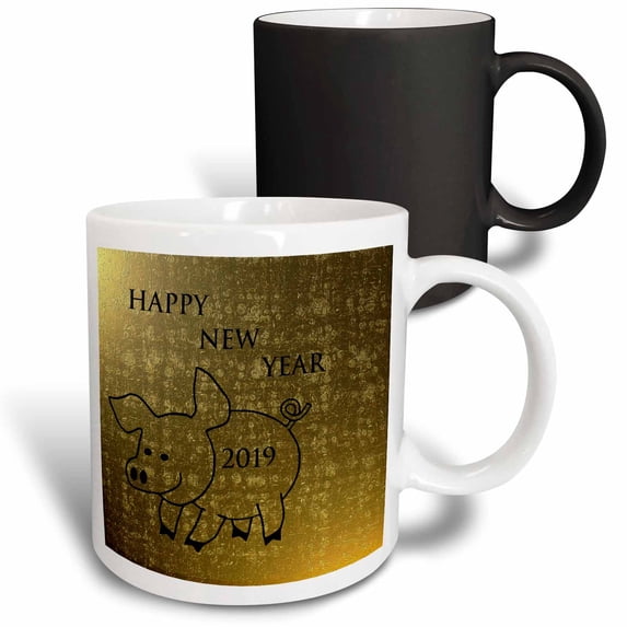 3drose, Image of Black Pig Outline on Old Golden Backdrop with 2019, 11oz Magic Transforming Mug
