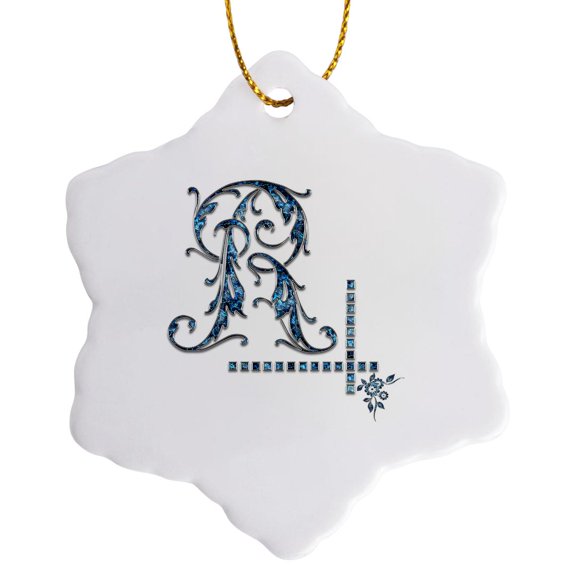 3drose, Image of Blue Gemstone Impressive Monogram. Pretty Initial R, 3 inch Snowflake Porcelain Ornament