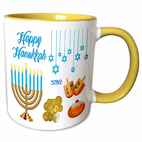 3drose, Image of Blue Happy Hanukkah with Menorah Dreidels and Coins, 11oz Two-tone Yellow Mug