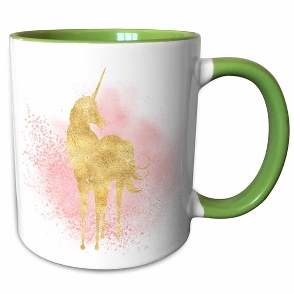 3drose, Image of Blush Pink Sparkle Confetti Gold Unicorn, 15oz Two-tone Green Mug