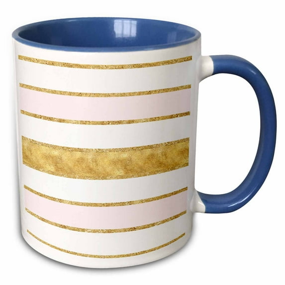 3drose, Image of Blush Pink White Glitz Gold Stripes, 15oz Two-tone Blue Mug