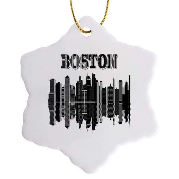 3drose, Image of Boston Skyline Reflected in Water Black and White, 3 inch Snowflake Porcelain Ornament