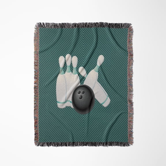 Image Of Bowling Ball Striking Pins, Line Aqua Design, Woven Blanket