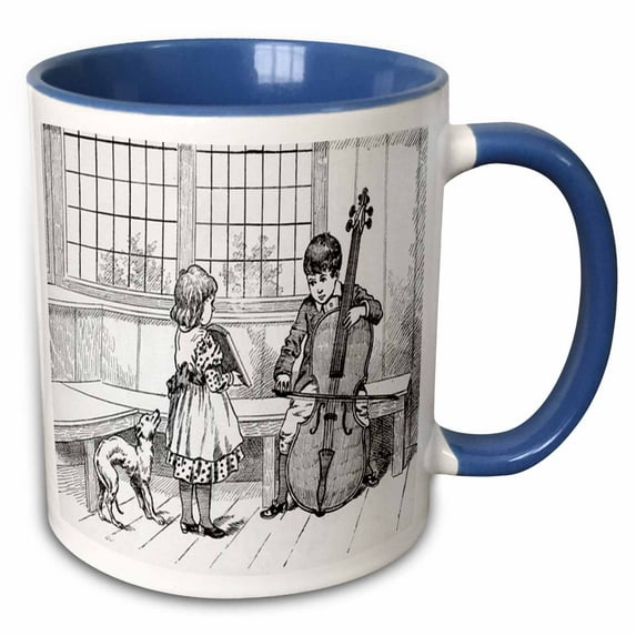 3drose, Image of Boy Playing Cello While Girl and Dog Look On, 15oz Two-tone Blue Mug