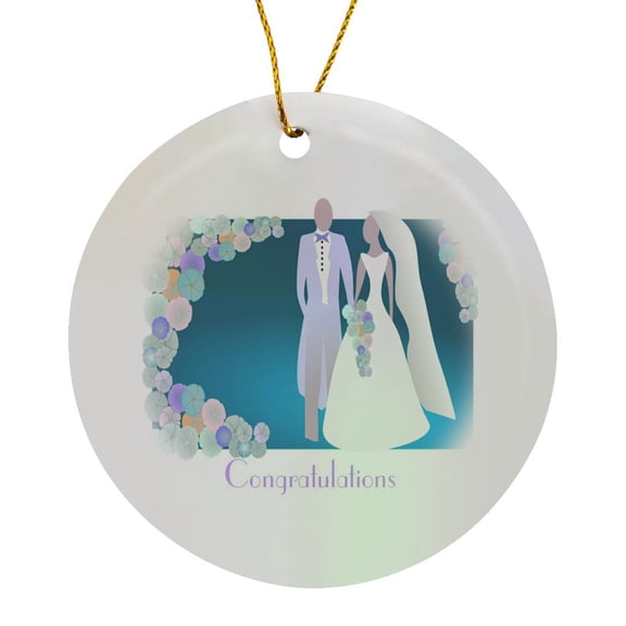 3drose, Image of Bride and Groom Congratulations with Flowers, Circle Porcelain Ornament