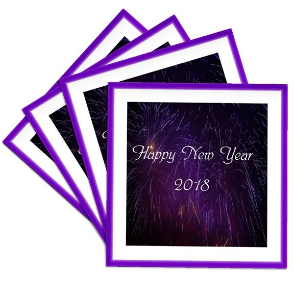 3drose, Image of Bright Purple Background and Border with Happy 2018, Set of 4 Ceramic Tile Coasters