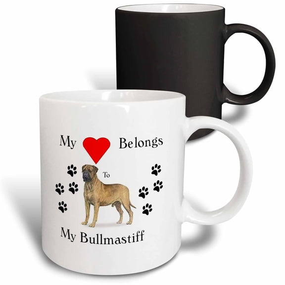 3drose, Image of Bullmastiff with Red Heart and Paw Prints, 11oz Magic Transforming Mug