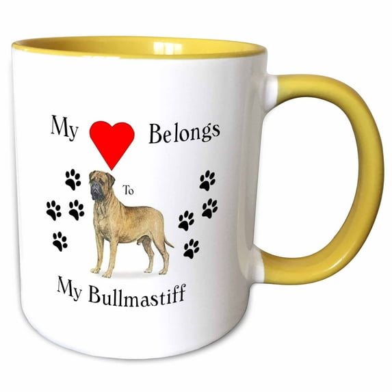 3drose, Image of Bullmastiff with Red Heart and Paw Prints, 15oz Two-tone Yellow Mug