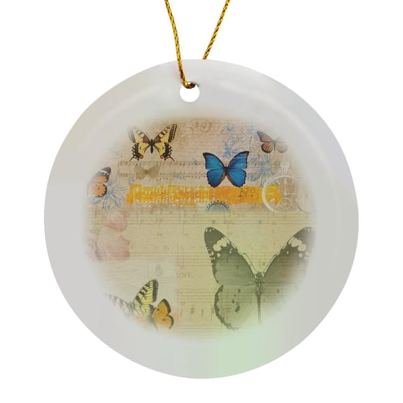 3drose, Image of Butterflies on Aged Music Sheet, Circle Porcelain Ornament