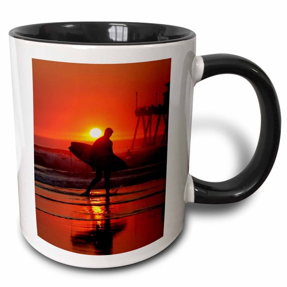 3drose, Image of Calif Surfer in Red Sunset, 11oz Two-tone Black Mug