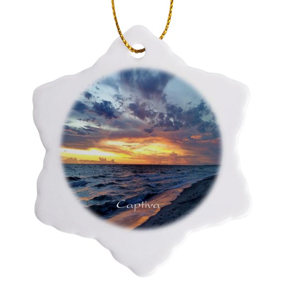 3drose, Image of Captiva Beach at Sunset Time with Yellow Sky, 3 inch Snowflake Porcelain Ornament