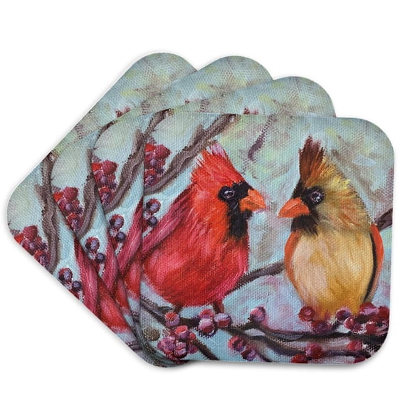 3drose, Image of Cardinal Couple Sitting on Branches, Set of 4 Coasters - Soft