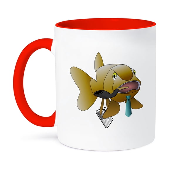 3dRose, image of cartoon dad fish with pipe newspaper and tie, 11oz Two-Tone Red Mug
